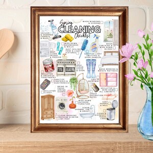 May include: A framed Spring Cleaning Checklist print featuring watercolour illustrations of household items and cleaning tasks. The text includes 'Spring Cleaning Checklist' and various chores like 'Vacuum & Shampoo Carpets & Rugs' and 'Sanitize Light Switches & Door Handles' with checkboxes.