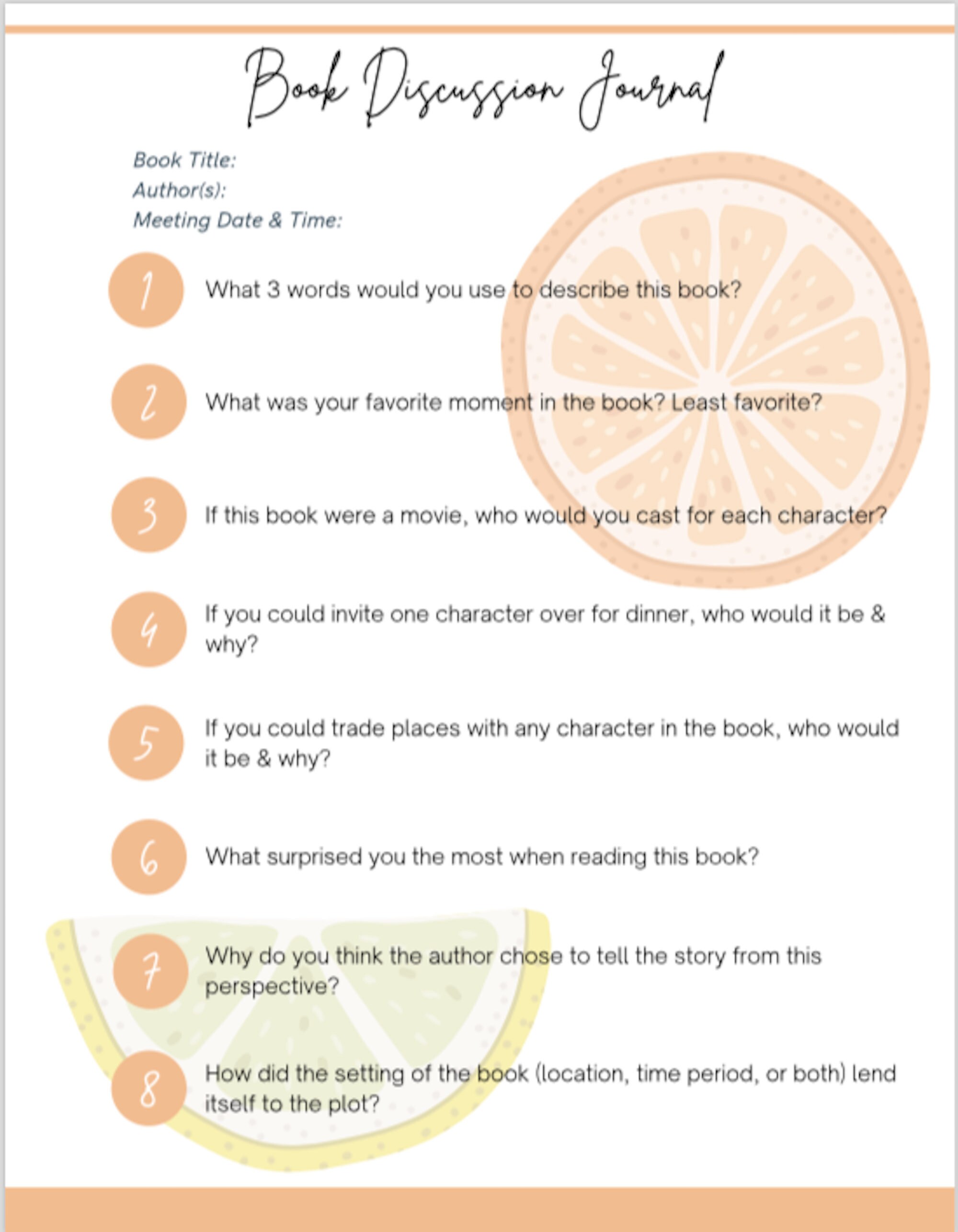 Book Club Discussion Journal Printable Fresh Citrus Etsy
