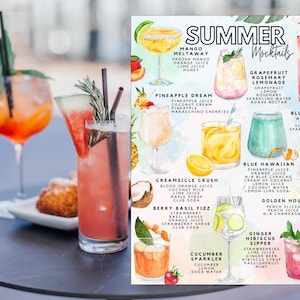 May include: A refreshing summer mocktails menu with various fruit-based drinks, including Mango Meltaway and Pineapple Dream. Two cocktails are in the foreground, one with a watermelon garnish. The menu includes drink ingredients.
