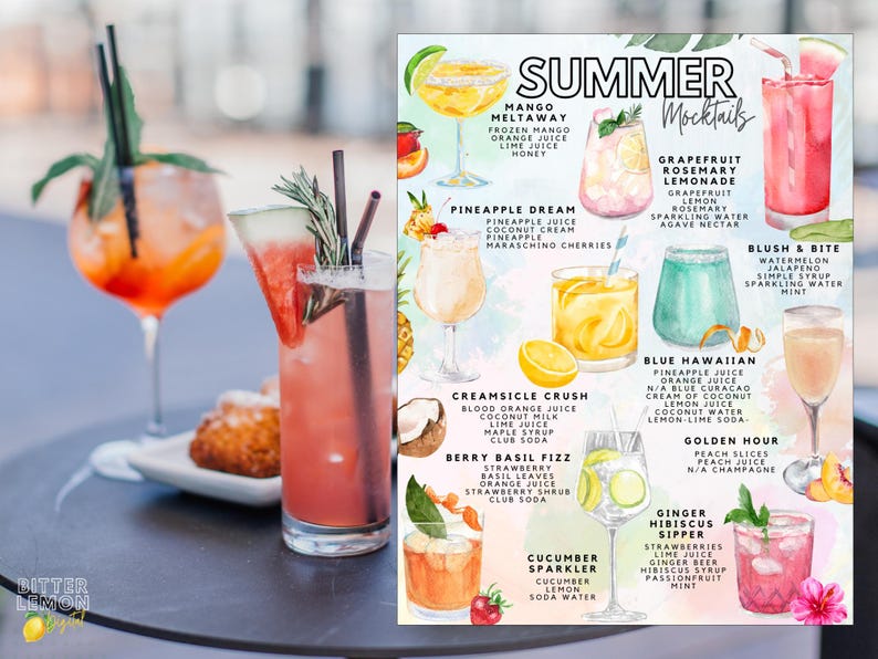 May include: A refreshing summer mocktails menu with various fruit-based drinks, including Mango Meltaway and Pineapple Dream. Two cocktails are in the foreground, one with a watermelon garnish. The menu includes drink ingredients.