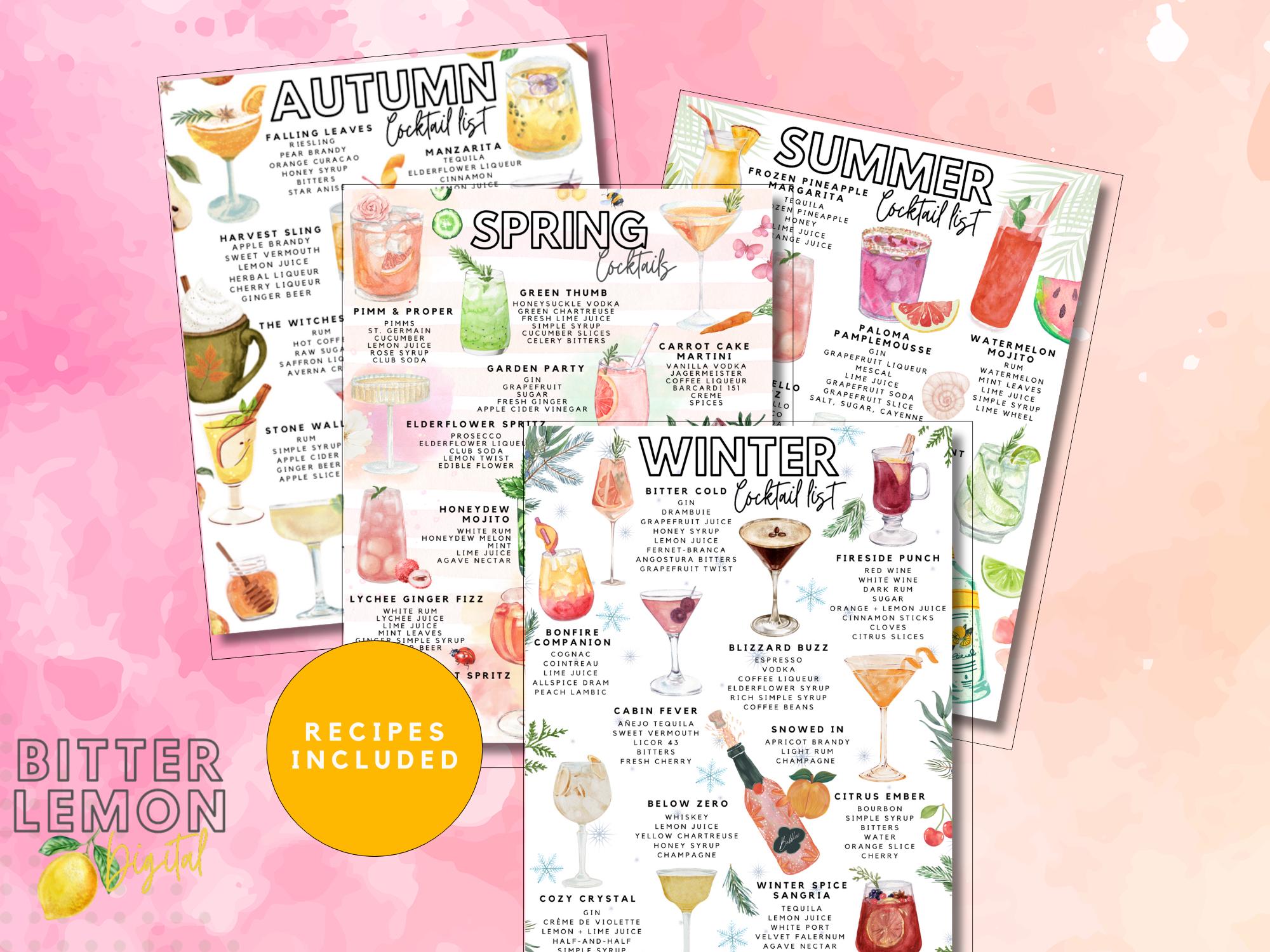 Printable Seasonal Cocktail Lists Value Pack of 4 | Seasonal Drink