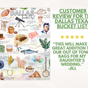 K&ouml;nnte beinhalten: Ein Dallas Bucket-List-Poster mit Aquarellillustrationen lokaler Sehensw&uuml;rdigkeiten, Speisen und Symbolen wie einem Football, einem Teleskop, einem Cowboyhut und einem Banjo, wobei neben jedem Element ein Kontrollk&auml;stchen abgebildet ist.