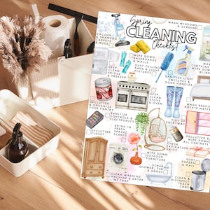 May include: A printed Spring Cleaning Checklist featuring watercolour illustrations of household items like a vacuum, stove, and cleaning supplies. The text includes tasks such as vacuum carpets, wash windows, and declutter pantry with checkboxes.
