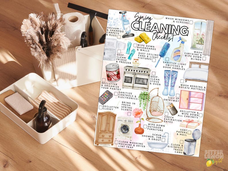 May include: A printed Spring Cleaning Checklist featuring watercolour illustrations of household items like a vacuum, stove, and cleaning supplies. The text includes tasks such as vacuum carpets, wash windows, and declutter pantry with checkboxes.