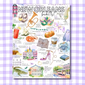 May include: A New Orleans bucket list poster featuring watercolor illustrations of local landmarks and icons including a trumpet, a mask, a po'boy, a streetcar, and a ghost, with checkboxes next to each item for tracking progress through the city.