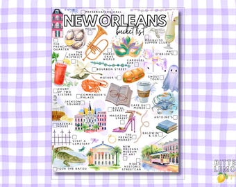 Könnte beinhalten: Ein New Orleans Bucket-List-Poster mit Aquarellillustrationen von lokalen Sehenswürdigkeiten, Speisen und Aktivitäten. Die Symbole umfassen eine Trompete, eine Maske, einen Alligator, eine Straßenbahn und Austern mit Kontrollkästchen neben den Beschriftungen.