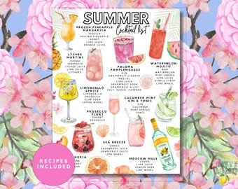 May include: A Summer Cocktail List print featuring watercolor illustrations of various drinks including a frozen pineapple margarita, lychee martini, limoncello spritz, paloma pamplemousse, watermelon mojito, prosecco float, cucumber mint gin and tonic, sea breeze, and moscow mule with ingredient lists and a pink circle with the text RECIPES INCLUDED.