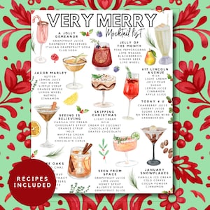 K&ouml;nnte beinhalten: Ein Poster mit dem Titel "Very Merry Mocktail List" mit Aquarellillustrationen verschiedener Mocktails. Das Poster enth&auml;lt Rezepte f&uuml;r Getr&auml;nke wie "Jacob Marley" und "January Snowflakes", mit einem roten Kreis mit der Aufschrift "Recipes Included".
