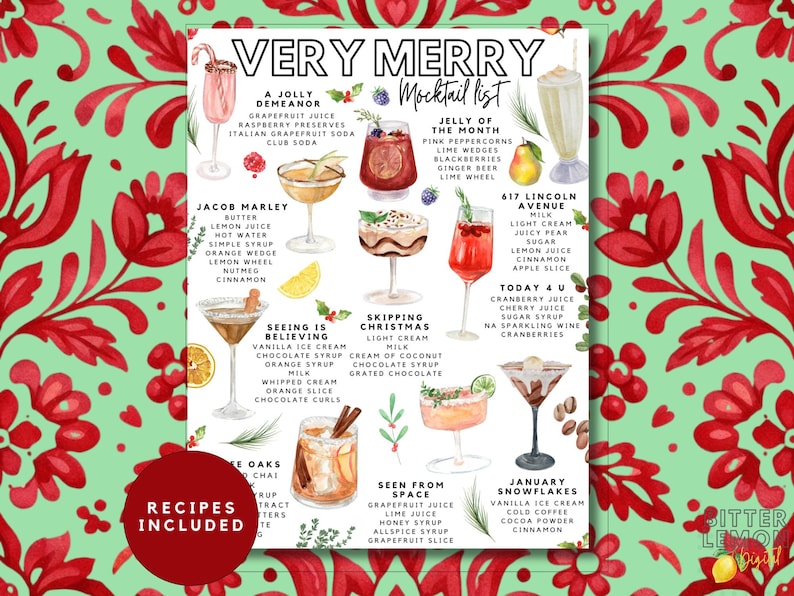 K&ouml;nnte beinhalten: Ein Poster mit dem Titel "Very Merry Mocktail List" mit Aquarellillustrationen verschiedener Mocktails. Das Poster enth&auml;lt Rezepte f&uuml;r Getr&auml;nke wie "Jacob Marley" und "January Snowflakes", mit einem roten Kreis mit der Aufschrift "Recipes Included".