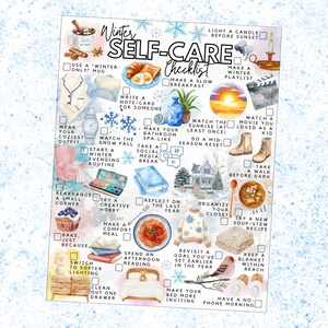 Pode incluir: Ilustra&ccedil;&atilde;o em aquarela de uma lista de verifica&ccedil;&atilde;o de autocuidado de inverno com v&aacute;rias atividades como acender velas, assistir filmes e fazer um caf&eacute; da manh&atilde; lento. A lista de verifica&ccedil;&atilde;o &eacute; decorada com flocos de neve e imagens de inverno.