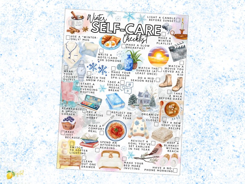 Pode incluir: Ilustra&ccedil;&atilde;o em aquarela de uma lista de verifica&ccedil;&atilde;o de autocuidado de inverno com v&aacute;rias atividades como acender velas, assistir filmes e fazer um caf&eacute; da manh&atilde; lento. A lista de verifica&ccedil;&atilde;o &eacute; decorada com flocos de neve e imagens de inverno.