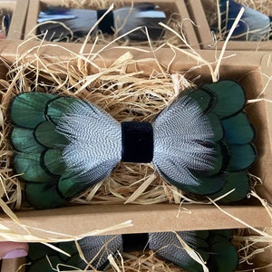 Handmade Green Pheasant Feather Bow Tie- Style B