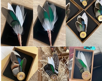 Teal Duck Feather brooch in Various designs, hat lapel pin, wedding buttonhole, Country wear. boxed