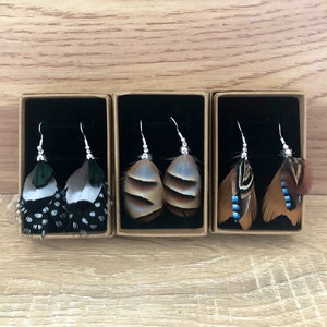 Pheasant, partridge, duck, jay  and guinea fowl feather dangle earrings.