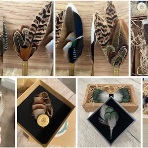 Game feather brooch in Various designs, hat lapel pin, wedding buttonhole, Country wear. boxed.