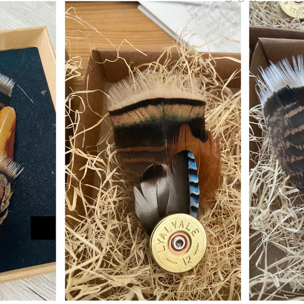 Turkey feather brooch in Various designs, hat lapel pin, wedding buttonhole, Country wear. boxed