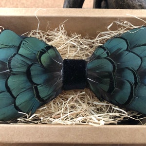 Handmade Green Pheasant Feather Bow Tie- Style A