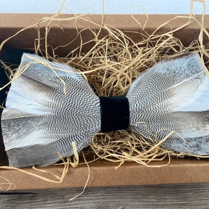 Handmade Natural Light Grey/White Duck Feather Bow Tie- Style E
