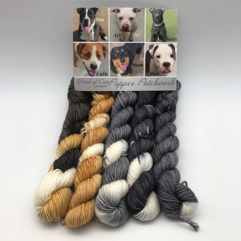 May include: Three skeins of yarn in a gradient color pattern. The skeins are in shades of brown, cream, and gray. The yarn is labeled "Herd of Cats Pupper Patchwork presents".
