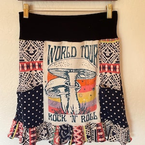Upcycled Skirt World Tour Rock-n-Roll Mushtoom Patchwork Skirt With Pockets Polka Dots and Ruffles