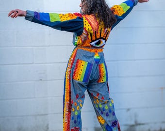 Rainbow Romper Upcycled Coveralls Sun Rainbow Flowers Third Eye
