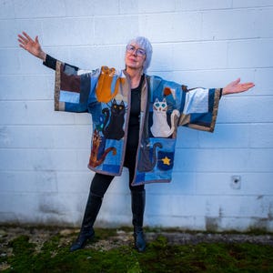 Upcycled Kimono Style Denim Patchwork with Cats