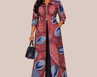 Chaqueta larga con estampado Ankara, abrigo largo africano rojo y azul, cierre de cremallera frontal, bolsillos.
