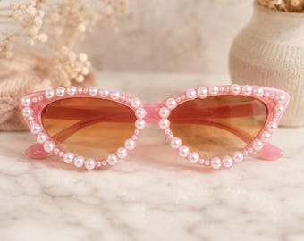 Pink Pearl Cat Eye Sunglasses for Women | Retro Glam Statement Sunglasses | Y2K Fashion Eyewear