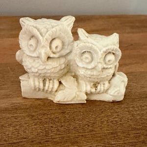 May include: A small, off-white figurine depicting two owls perched side-by-side on a branch. The owls feature detailed, textured feather patterns, large circular eyes, and pointed beaks, crafted in a solid, monochromatic material.