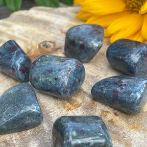 May include: Seven tumbled stones of blue kyanite with red ruby inclusions. The stones are smooth and polished, and they are arranged on a wooden surface.