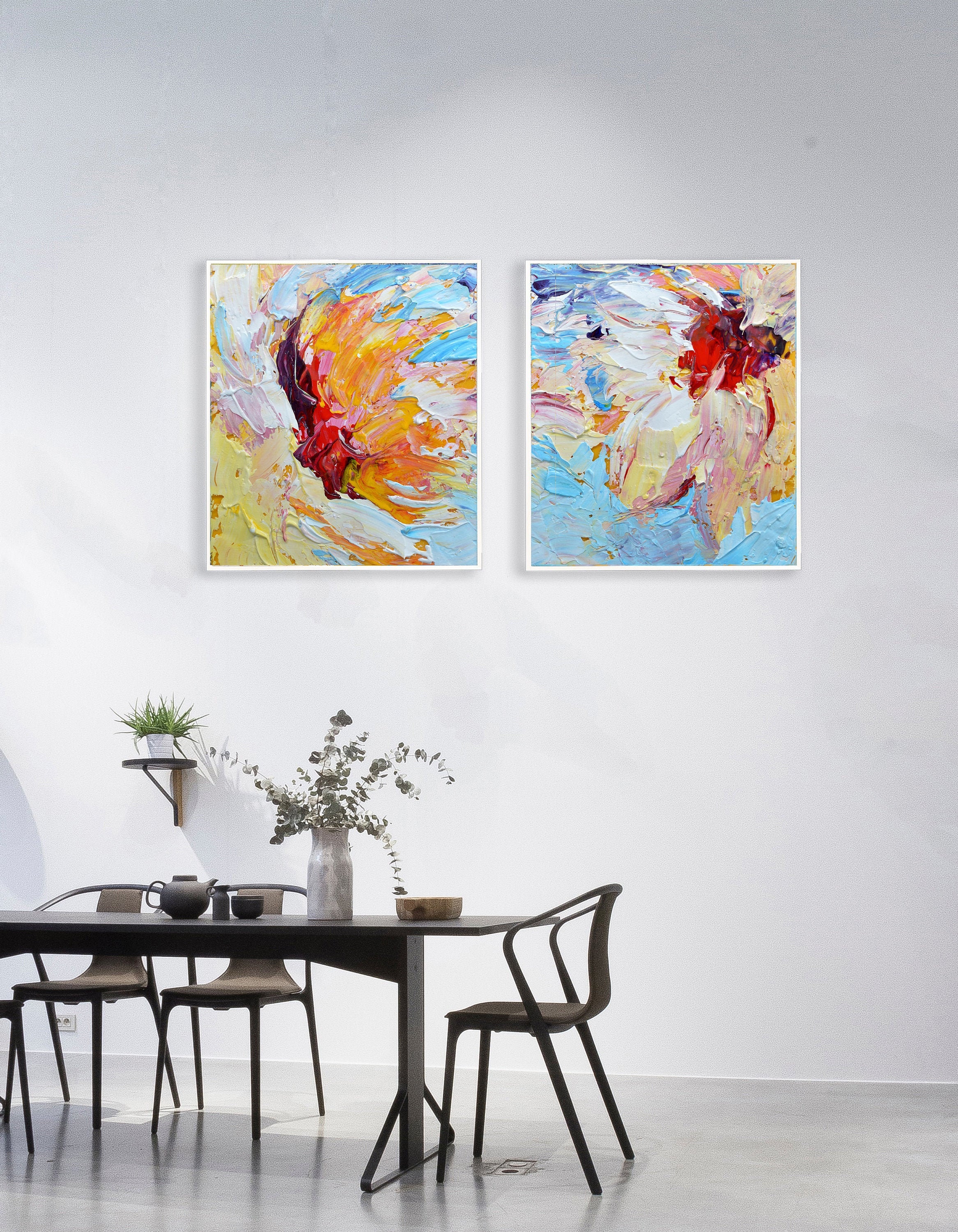 Set of 2 Wall Art Abstract Floral Painting Large Flower Etsy