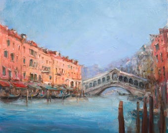 Rialtobrücke Venedig Ölgemälde: Italienische Kanal Kunst auf Leinwand