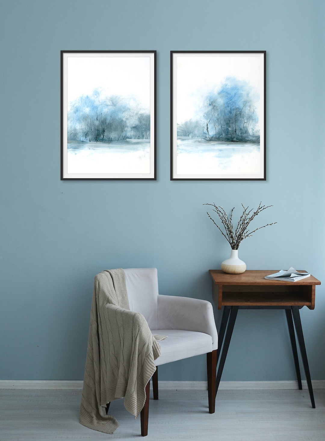 Set of 2 Blue Wall Art, Watercolor Prints, Navy Blue Wall Art, Blue Abstract Wall Art, Modern