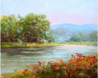 油絵風景画オリジナル、キャンバスに描いた絵画、川の風景、手作り