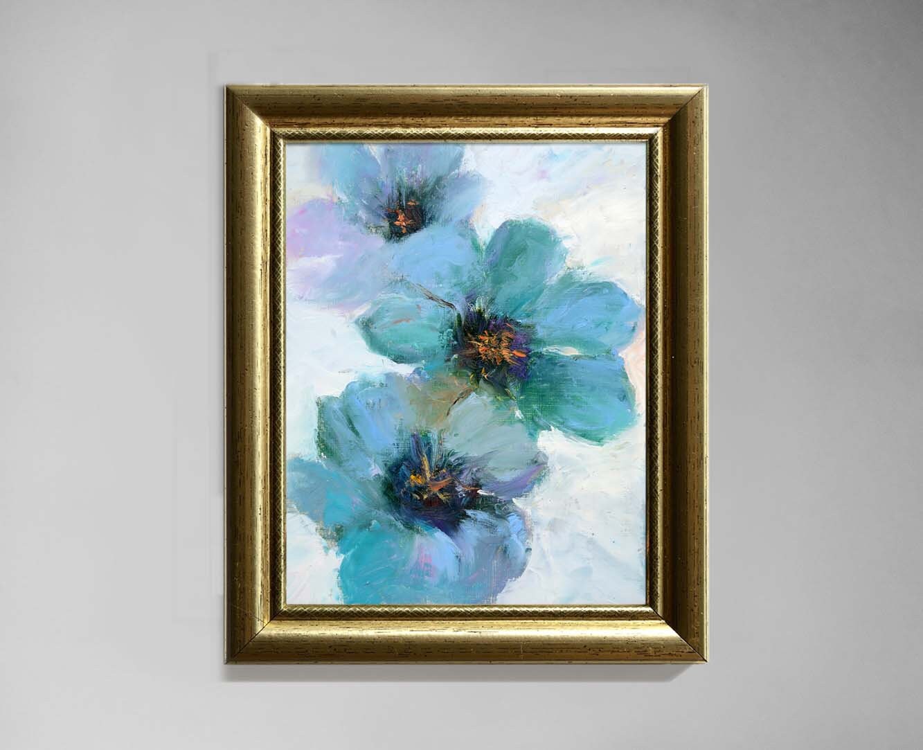 Flower Painting. Blue Green Flowers Modern Hand Painted Oil Wall