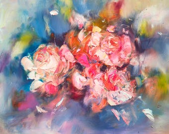 Blumenmalerei strukturierte originale Blumenimpasto-Ölgemälde Kunst. Modernes Wohnzimmer Kunstwerk.