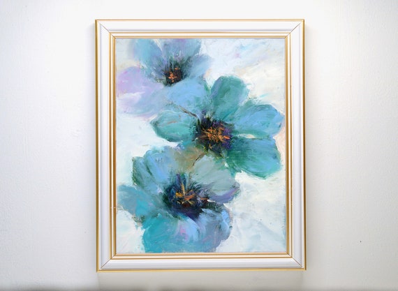 Flower Painting. Blue Green Flowers Modern Hand Painted Oil Wall