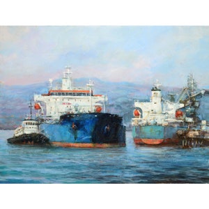 Öltanker Schiffe Ölgemälde. Anhänger Boot im Hafen. Fine Art Wanddekor.