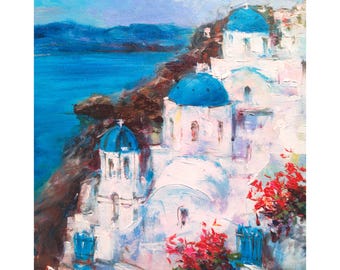 Oljemålning på Santorini: Oia stad, Grekland Impressionistisk konst - 25x30 cm duk