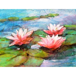 Water Lily painting. White rose hand-painted painting. Lillies oil painting.