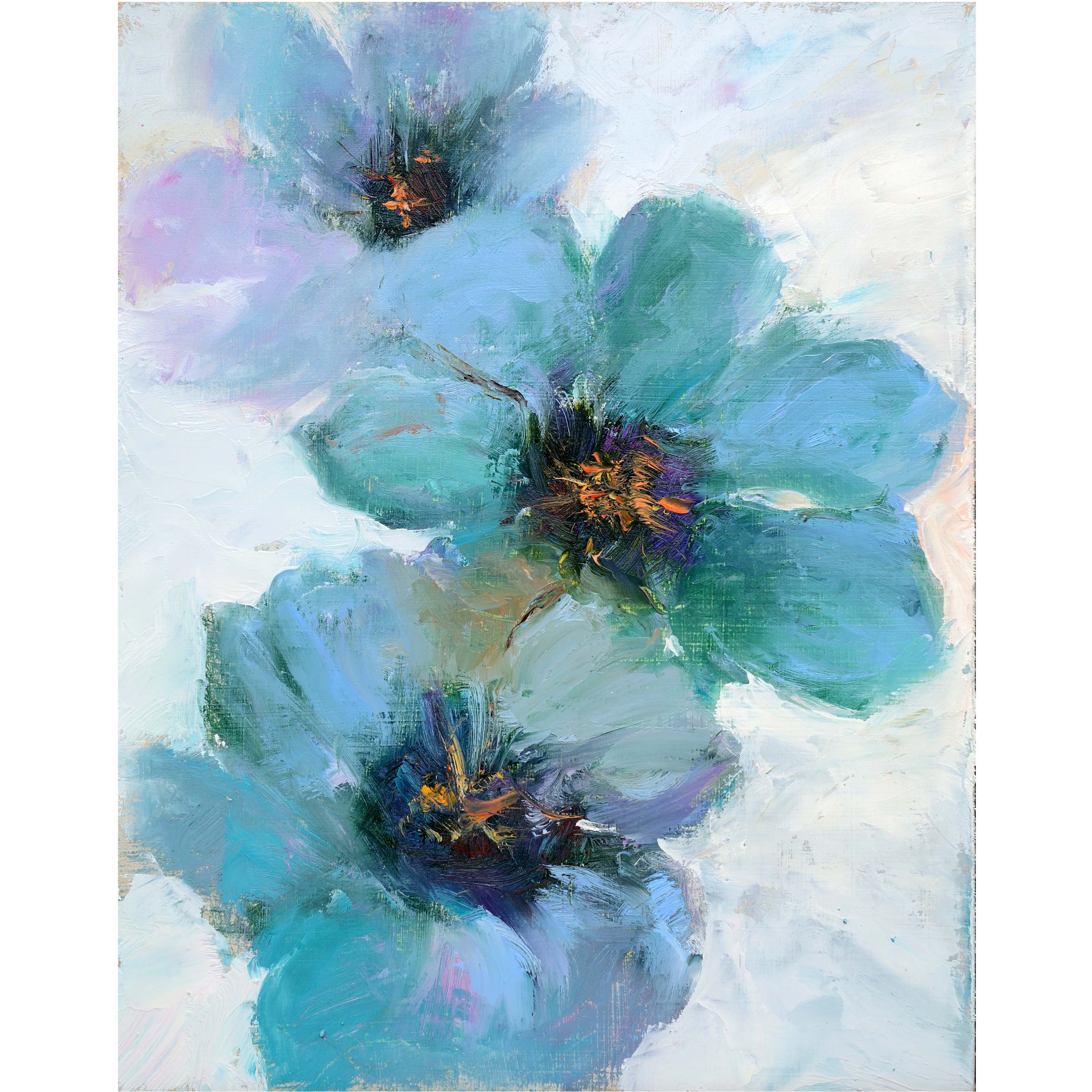 Flower Painting. Blue Green Flowers Modern Hand Painted Oil Wall