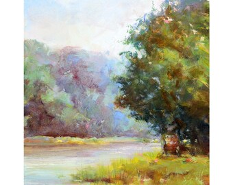 Origineel olieverfschilderij: bosrivierlandschap, zomermiddag.