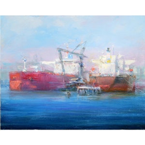 Öltanker Schiffe Ölgemälde. Anhänger Boot im Hafen. Fine Art Wanddekor.