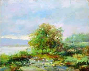 額入り山川油絵：夏の森の風景（12x16） - Etsy 日本