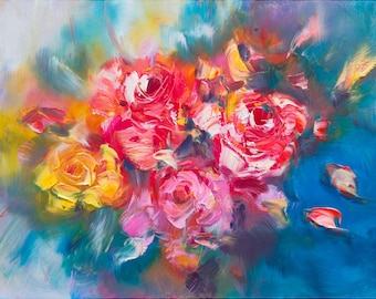 Blumenmalerei strukturierte originale Blumenimpasto-Ölgemälde Kunst. Modernes Wohnzimmer Kunstwerk.