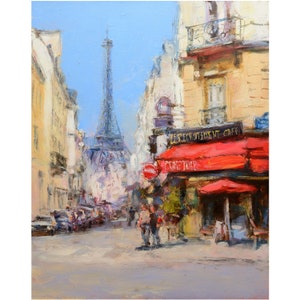 Paris Cafe Oil Painting, Eiffel Tower Painting, Impressionism Painting, France Wall Art Original Oil Artwork.