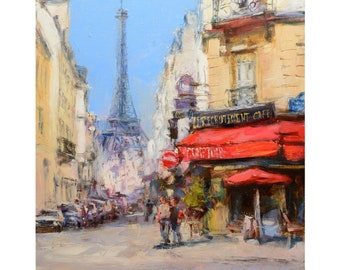 Paris Cafe Oil Painting: Eiffel Tower Impressionism Art