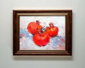 Granatapfel Malerei, handgemachte Ölmalerei auf Holz, original Kunstwerk. Küchen Dekor.
