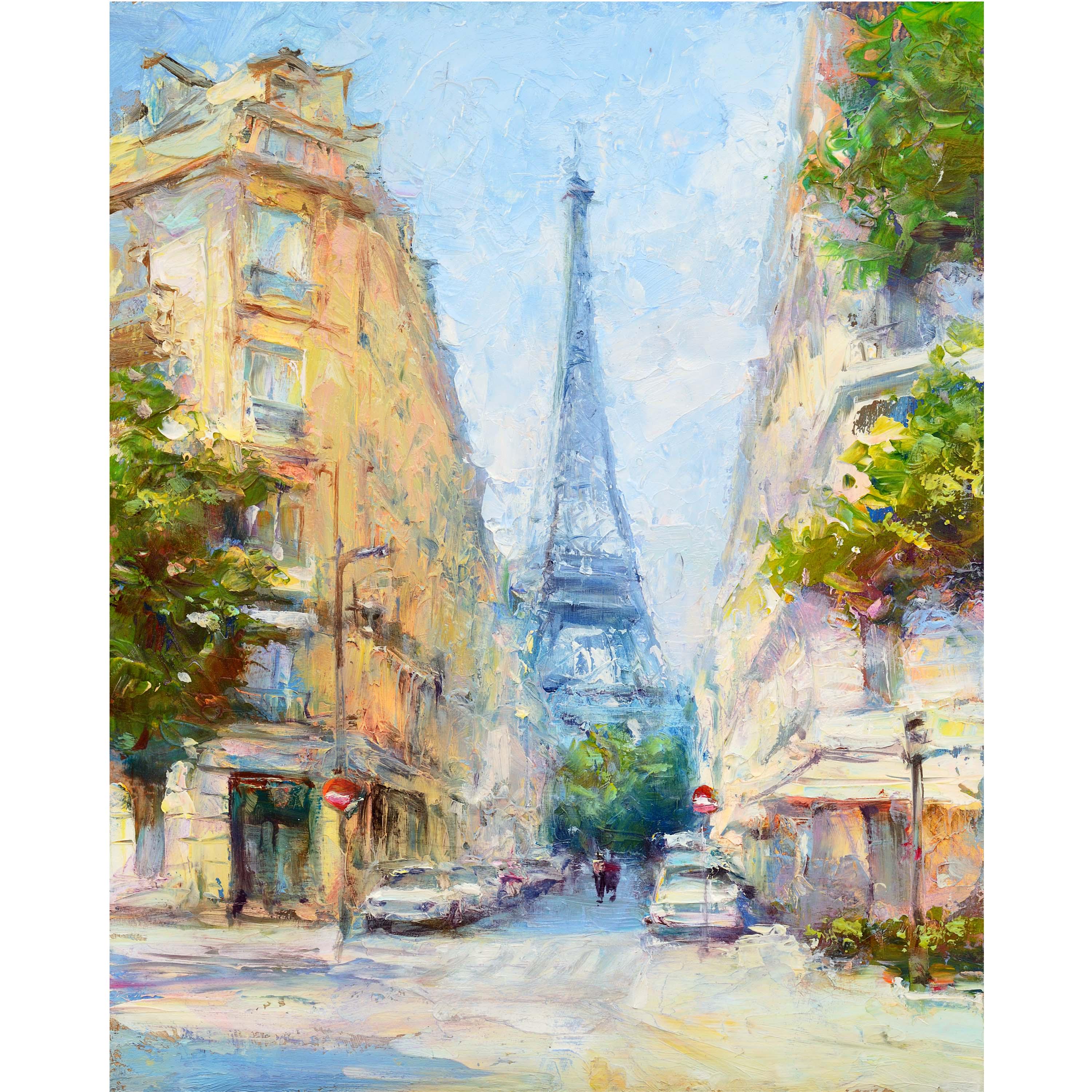 エッフェル塔の油絵：晴れたパリの街の風景、印象派のアートワーク