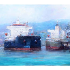 Öltanker Schiffe Ölgemälde. Anhänger Boot im Hafen. Fine Art Wanddekor.